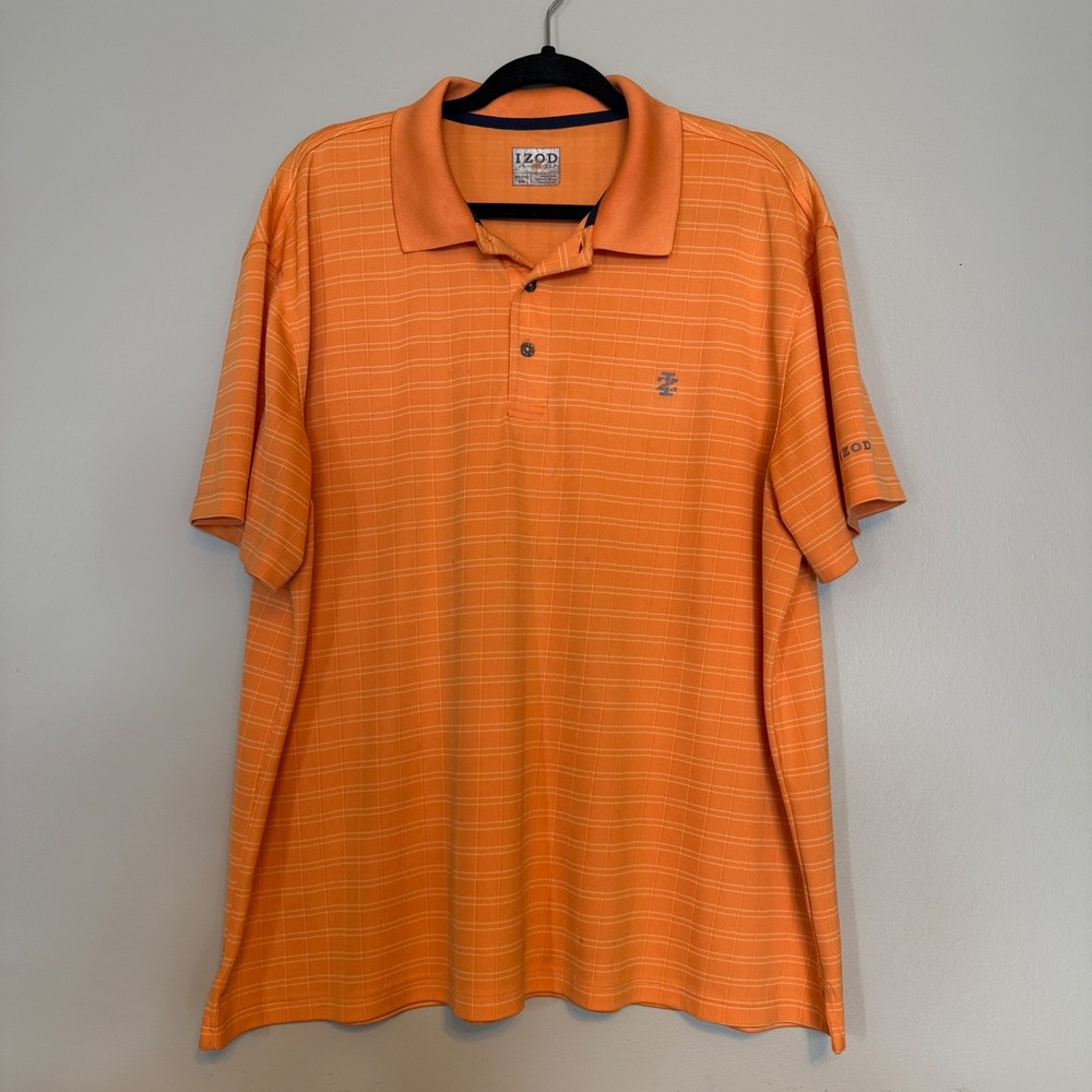 IZOD Golf Mens XXL 2X Orange Grid‎ Performance Polo Shirt Short Sleeve Polyester